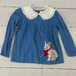 Mini Boden Blue Long Sleeve collared embroidered Rabbit blouse size 6-7